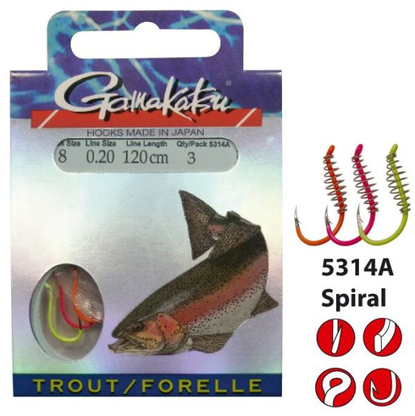 Gamakatsu Trout LS-5314, bunte Haken mit Spirale, #6-0.22MM 120CM