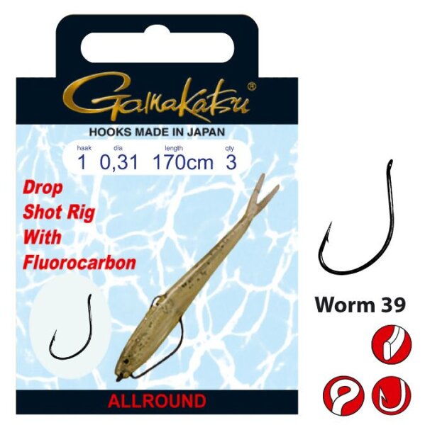 Gamakatsu Drop Shot Rig Worm Fluorocarbon Allround Worm 39 #4 0,24mm 170cm 3 Stück